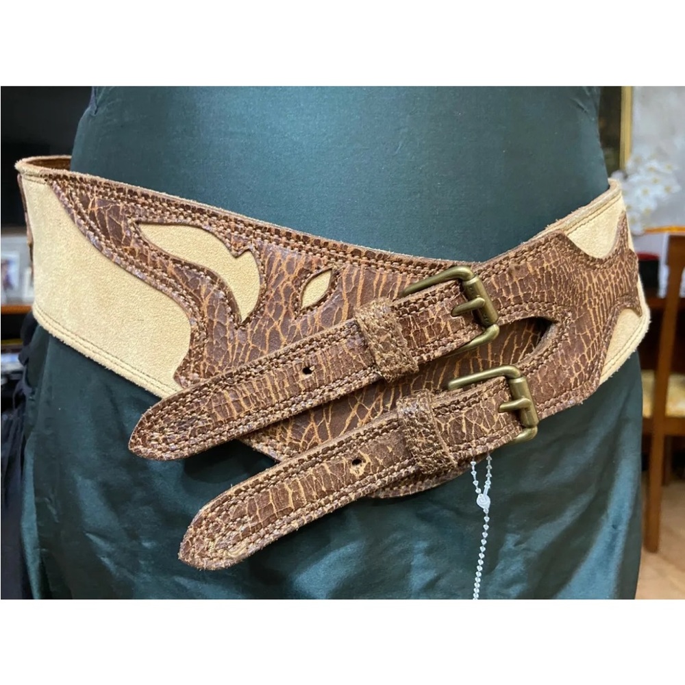 New Ralph Lauren Collection Suede Distressed Leather Art Deco Wide Brown Belt M